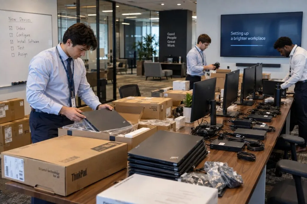 IT technicians setting up computers, monitors, and equipment during a business computer rollout.