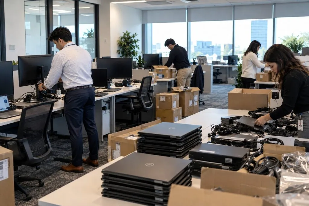 Laptops, docking stations, cables, and computer equipment staged for a corporate IT deployment.