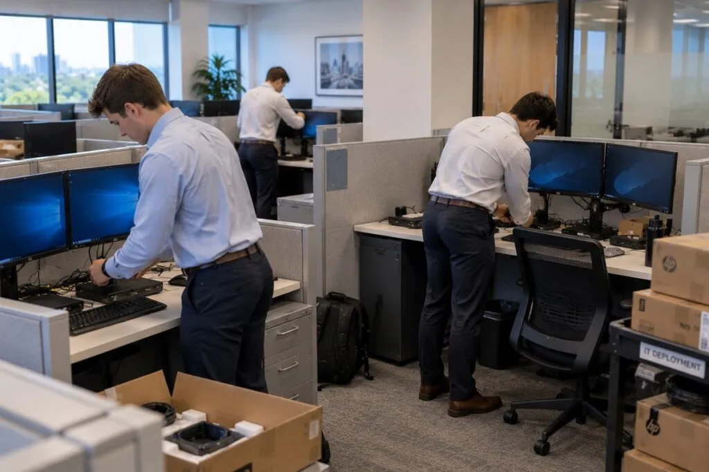 Professional IT technicians setting up computers and monitors during a business office deployment.