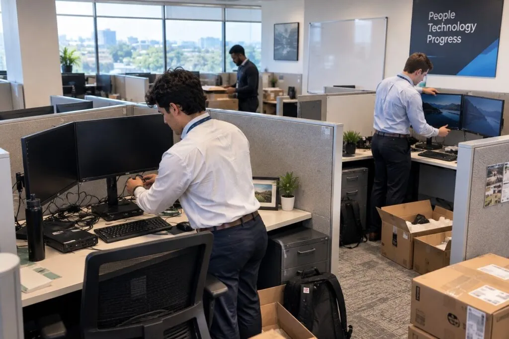 Technician installing dual monitors and computer equipment at a corporate office workstation.