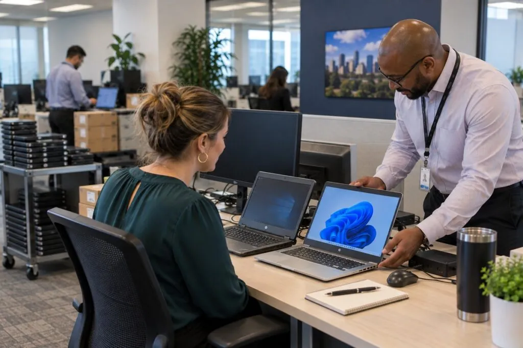 IT technician deploying a new business laptop beside an older device during a DeployNation computer refresh.