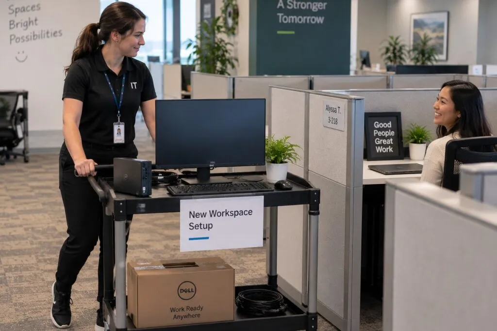 Professional IT technicians relocating computers and office technology as part of a DeployNation business computer relocation project.