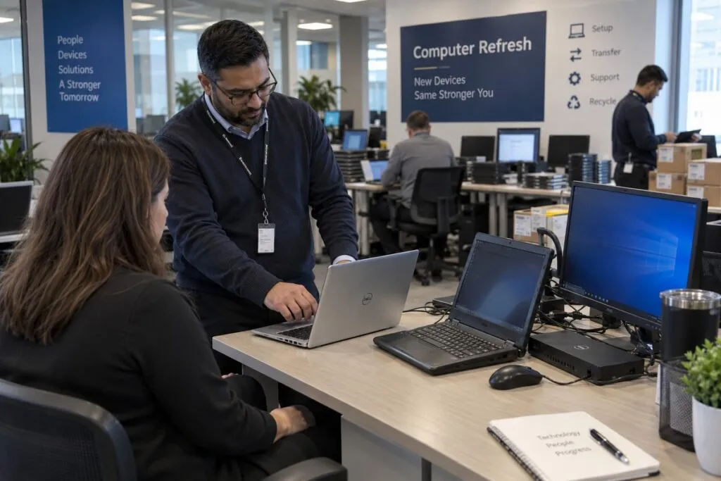 IT technician setting up a replacement business laptop for an employee during a DeployNation device refresh.