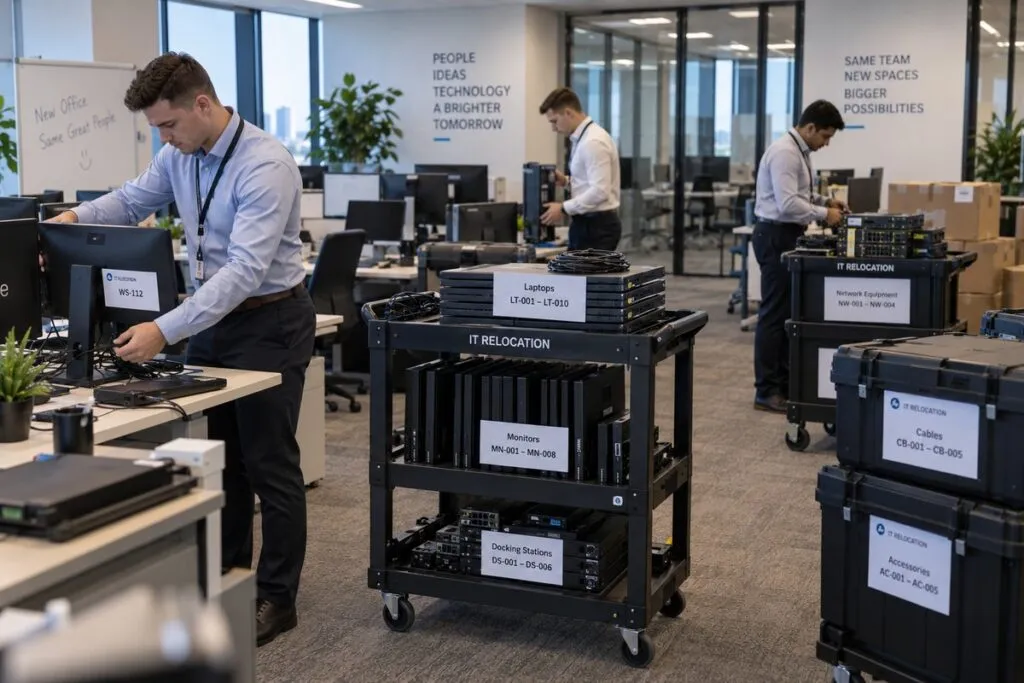 IT technicians organizing computers, monitors, cables, and network equipment during a professional business technology office move.