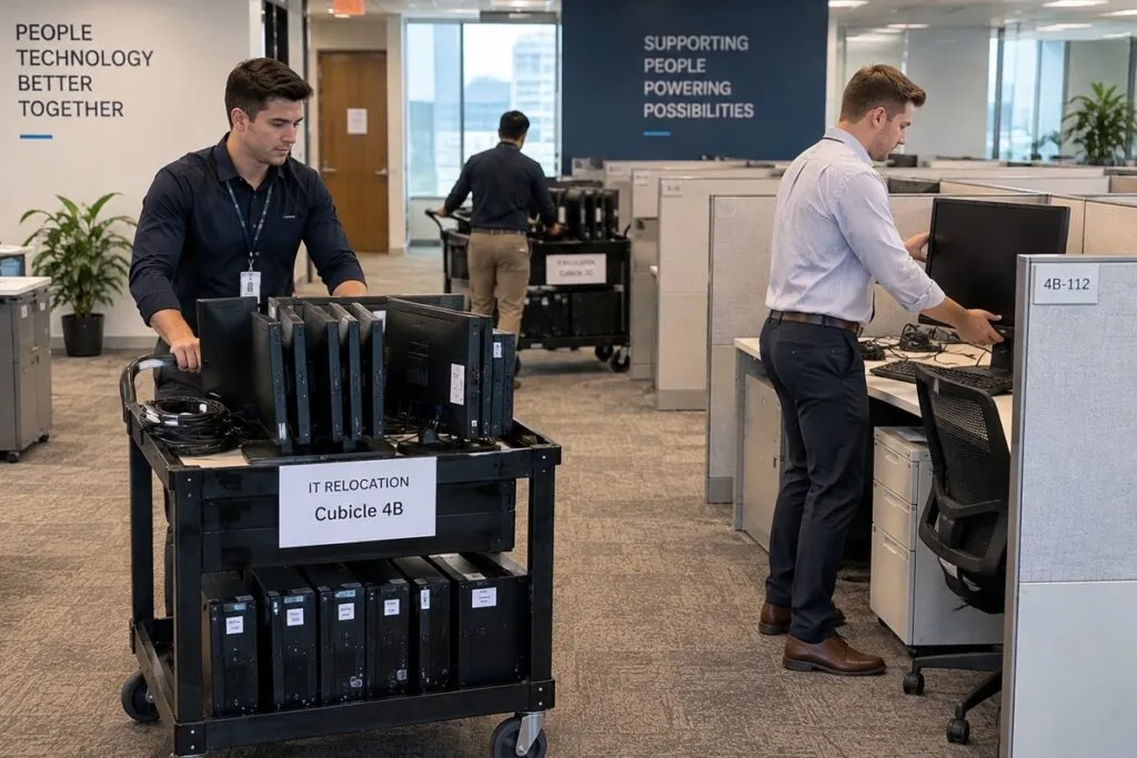 IT technician transporting labeled computer equipment on a cart to employee cubicles during an office relocation.