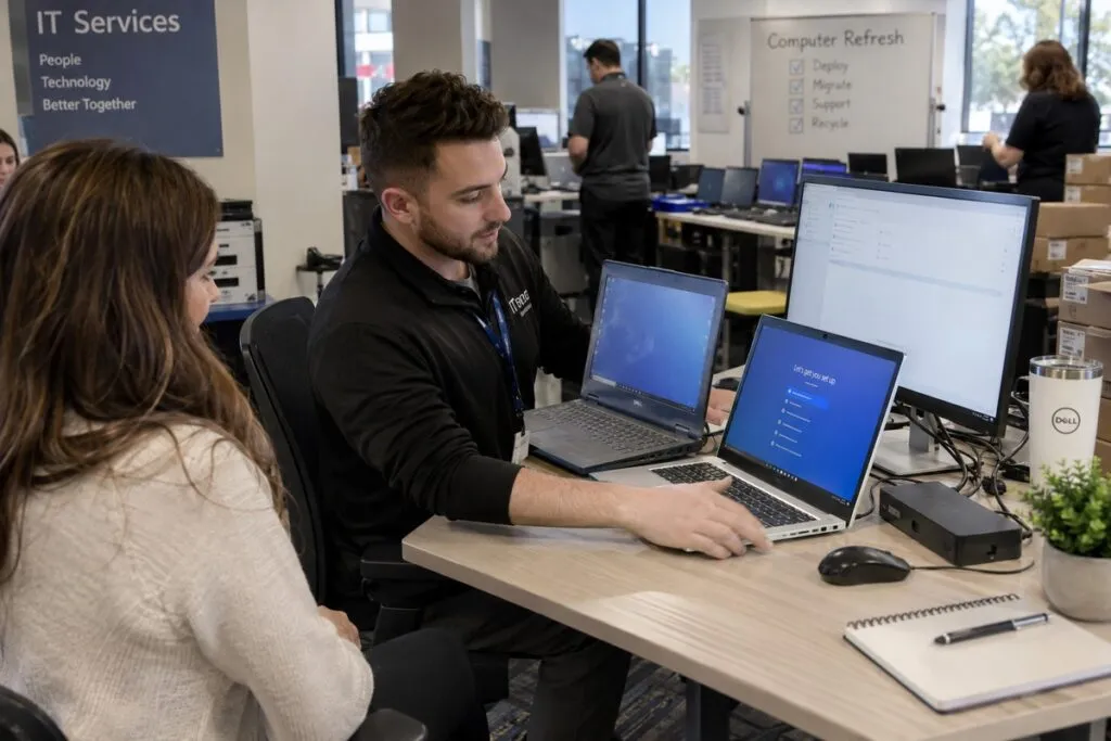 Corporate computer refresh programs simplify laptop replacement by coordinating new device setup, workstation integration, and employee technology upgrades.