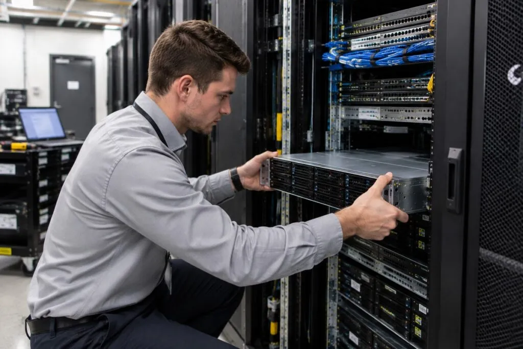 IT technician securely mounting rack-mount server equipment in an enterprise server rack.