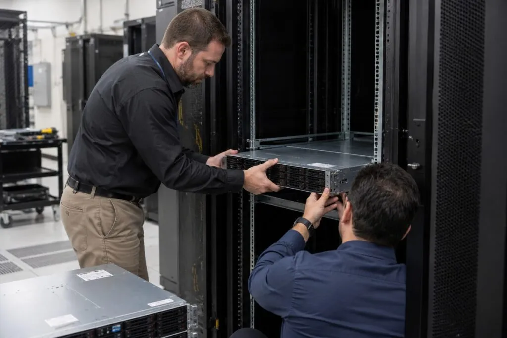 Professional technicians installing enterprise rack-mount server equipment for DeployNation.