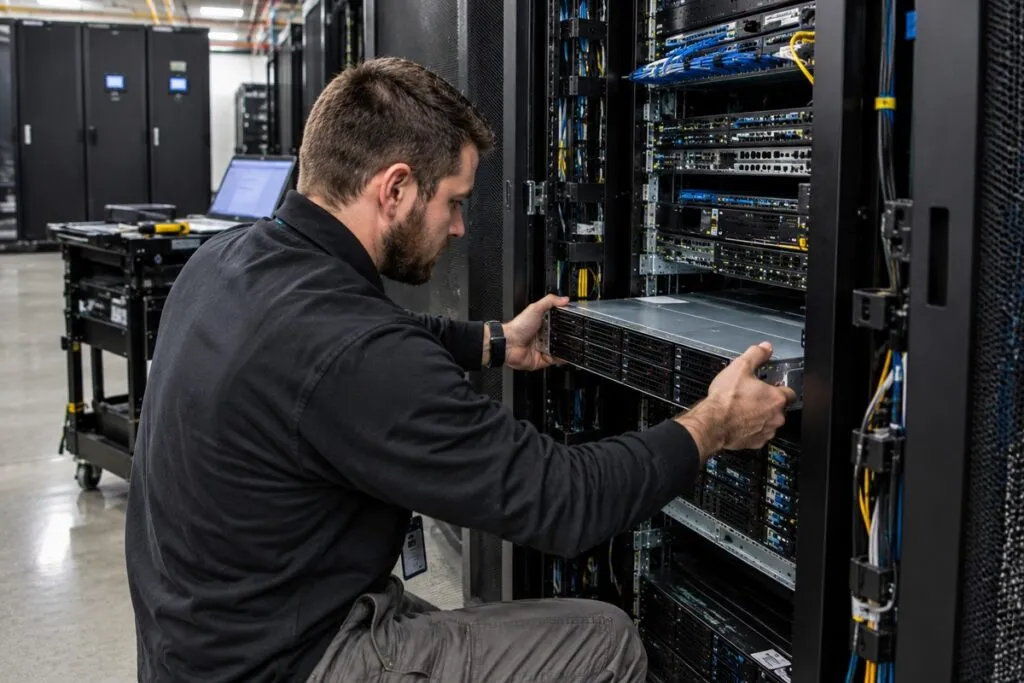 IT technician mounting enterprise server hardware for DeployNation rack and stack services.