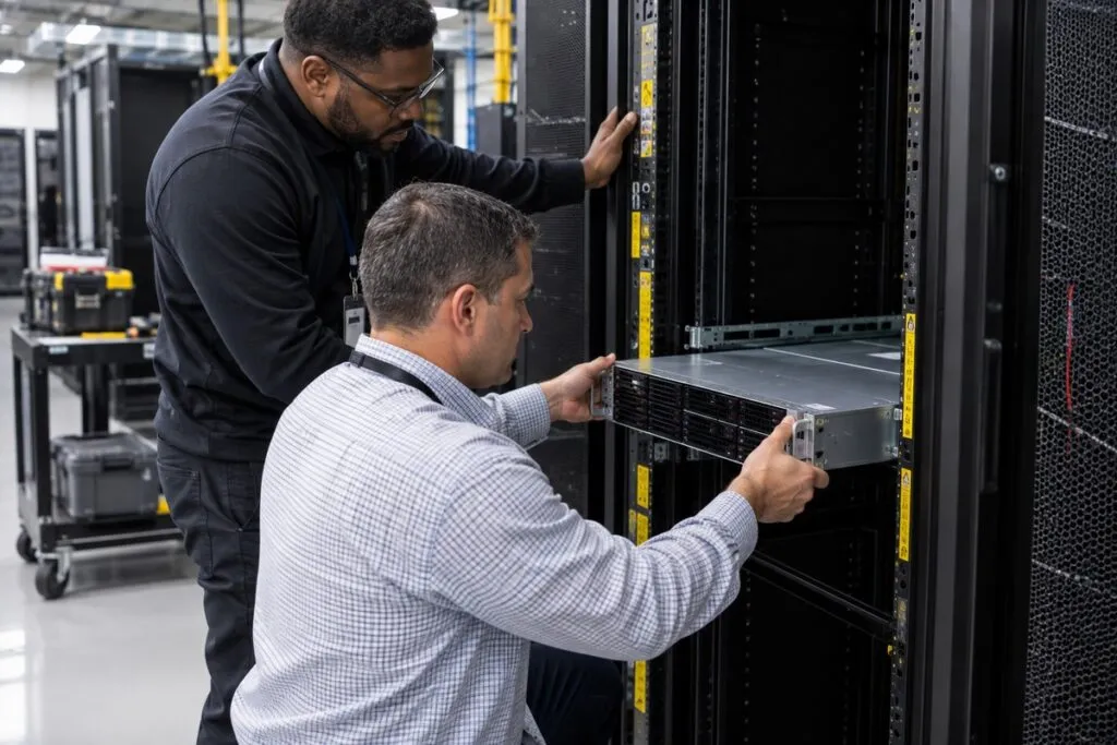IT technicians installing rack-mount servers into a new enterprise server rack.