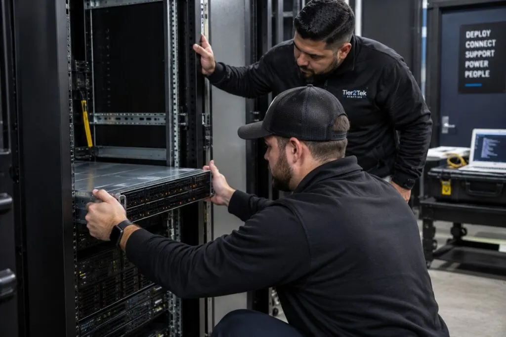 DeployNation field technicians installing rack-mounted enterprise server equipment.