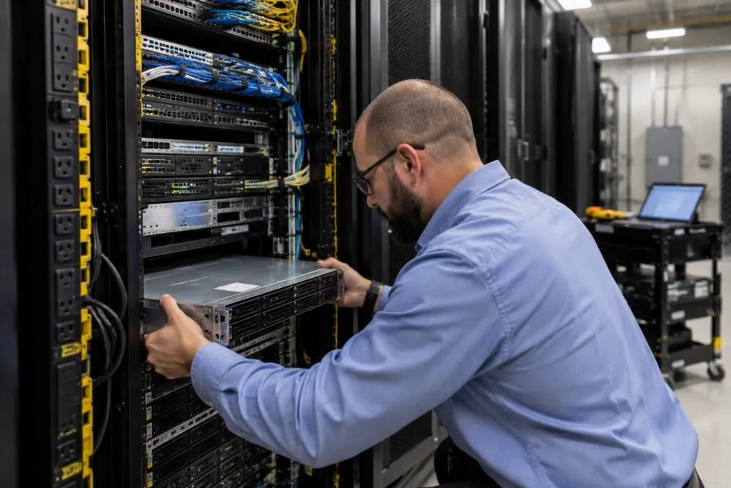 IT technician installing a rack-mount server for DeployNation rack and stack services.
