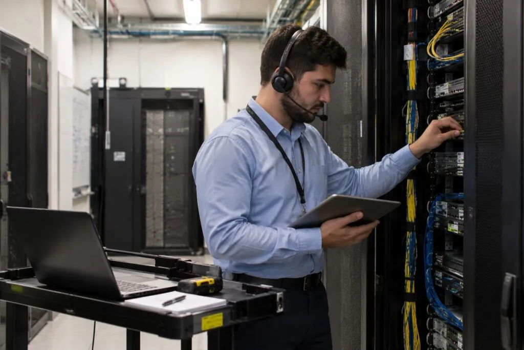 DeployNation remote hands technician servicing server rack equipment while communicating with a remote engineer.