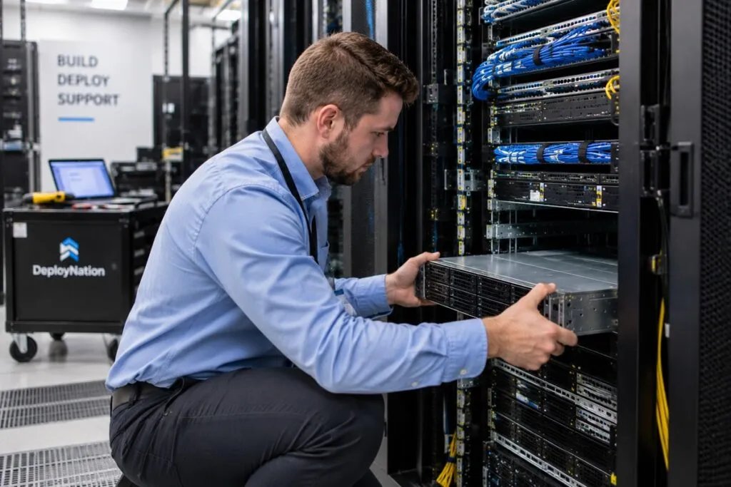IT field technician mounting enterprise server hardware into a data center rack.