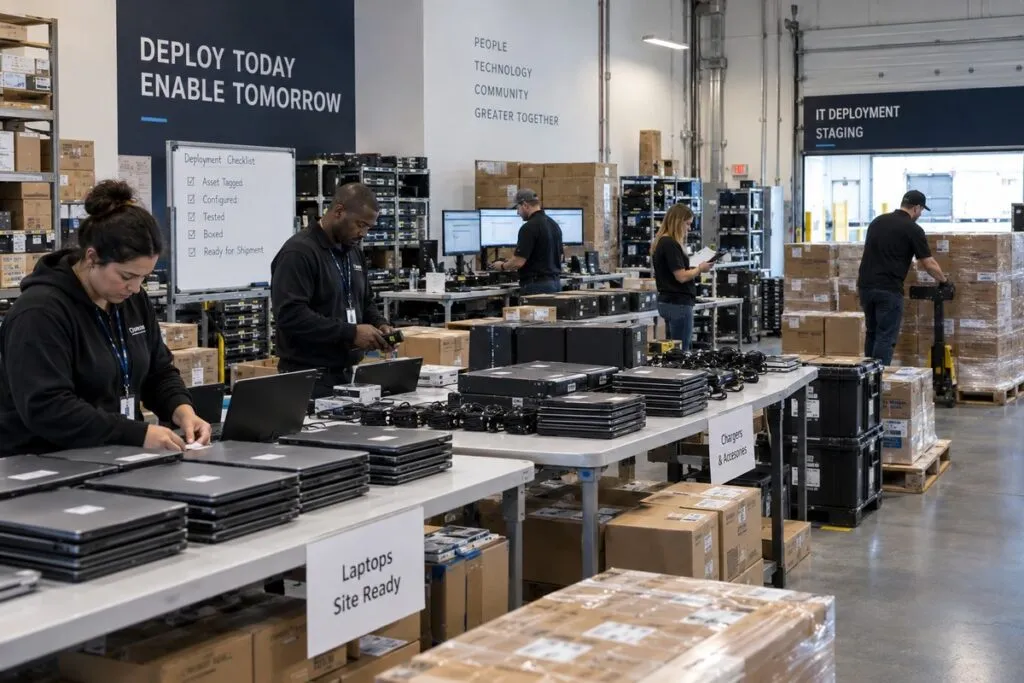 Enterprise IT deployment center preparing laptops and network equipment for multiple business sites.