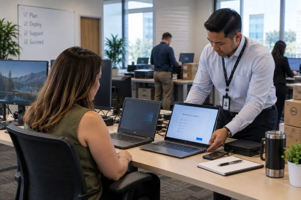 IT support specialist helping an employee set up a replacement enterprise laptop during a DeployNation refresh.