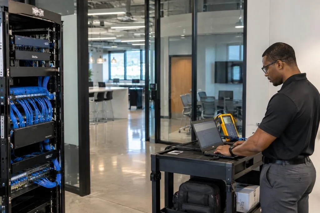 Professional technician servicing organized Cat6 patch panel connections in an enterprise network rack.