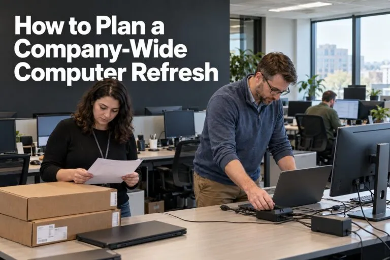 IT technicians preparing laptops for a company wide computer refresh.