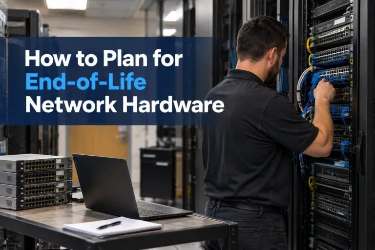 Technician replacing end of life network hardware during a DeployNation network infrastructure refresh.