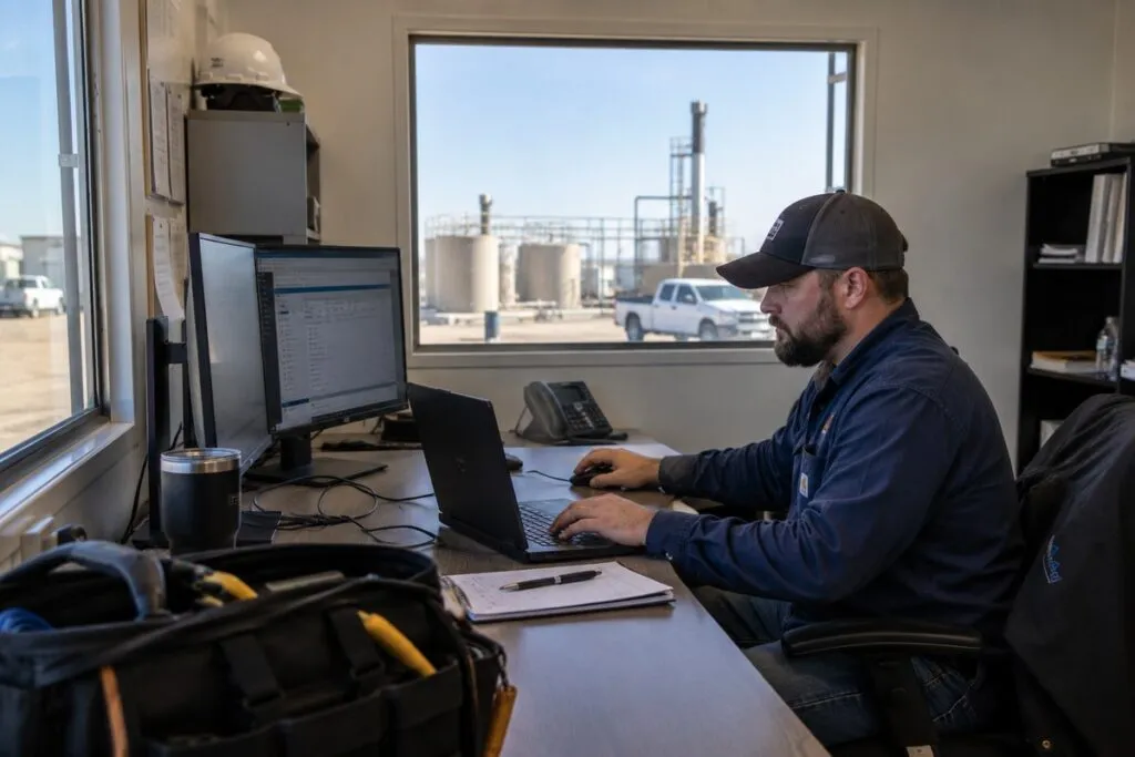 IT field services technician supporting network and technology infrastructure at an industrial business location.