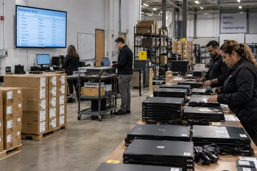 IT equipment deployment team preparing laptops, network hardware, and accessories for multiple locations.