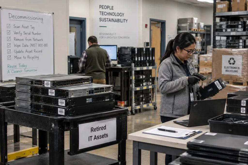 Professional IT equipment retirement process with technicians inventorying computers and servers for secure disposition.