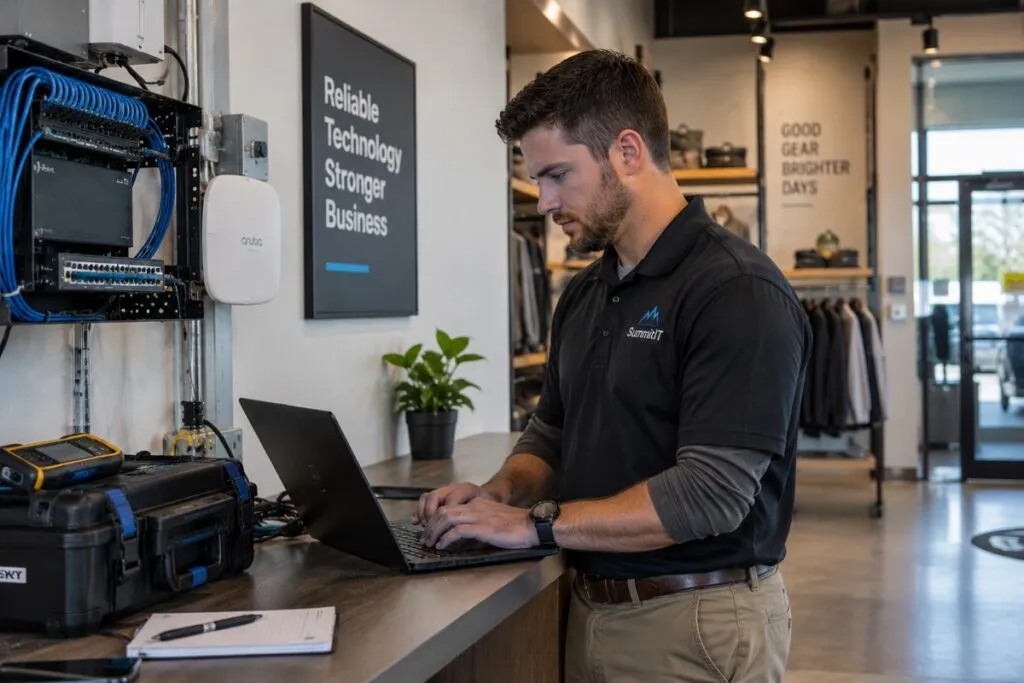 Professional IT field service technician dispatched to a business site for onsite network and infrastructure support.
