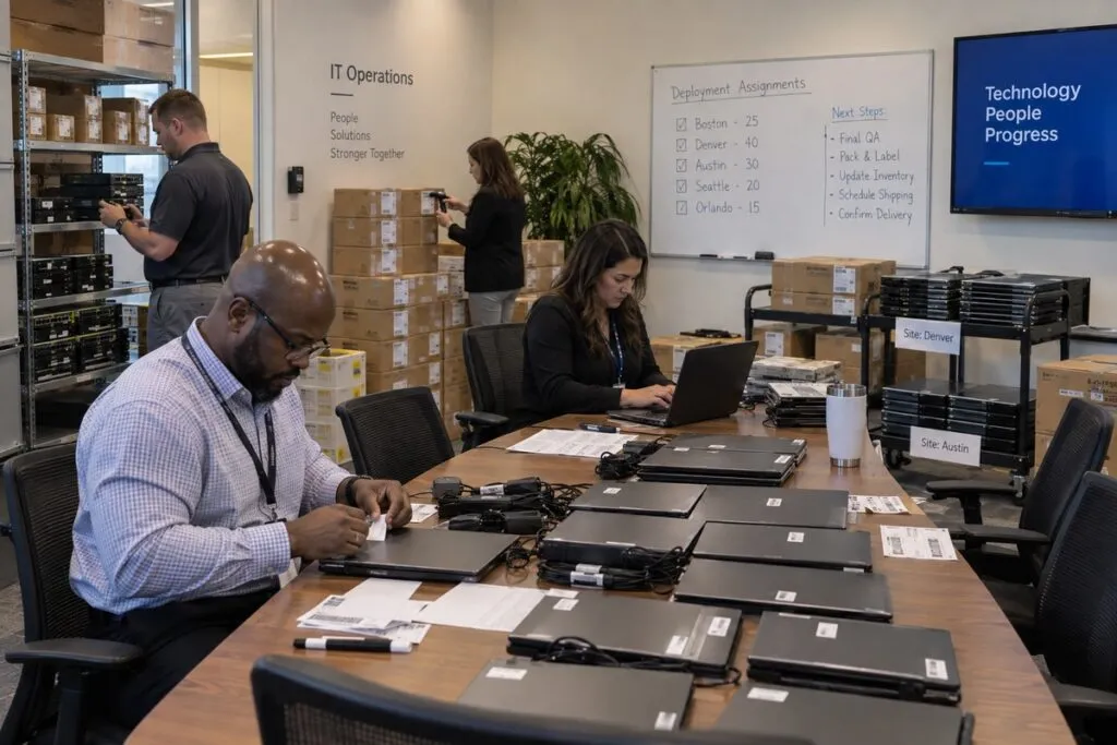 IT rollout coordination center staging business devices and equipment for deployment across multiple sites.