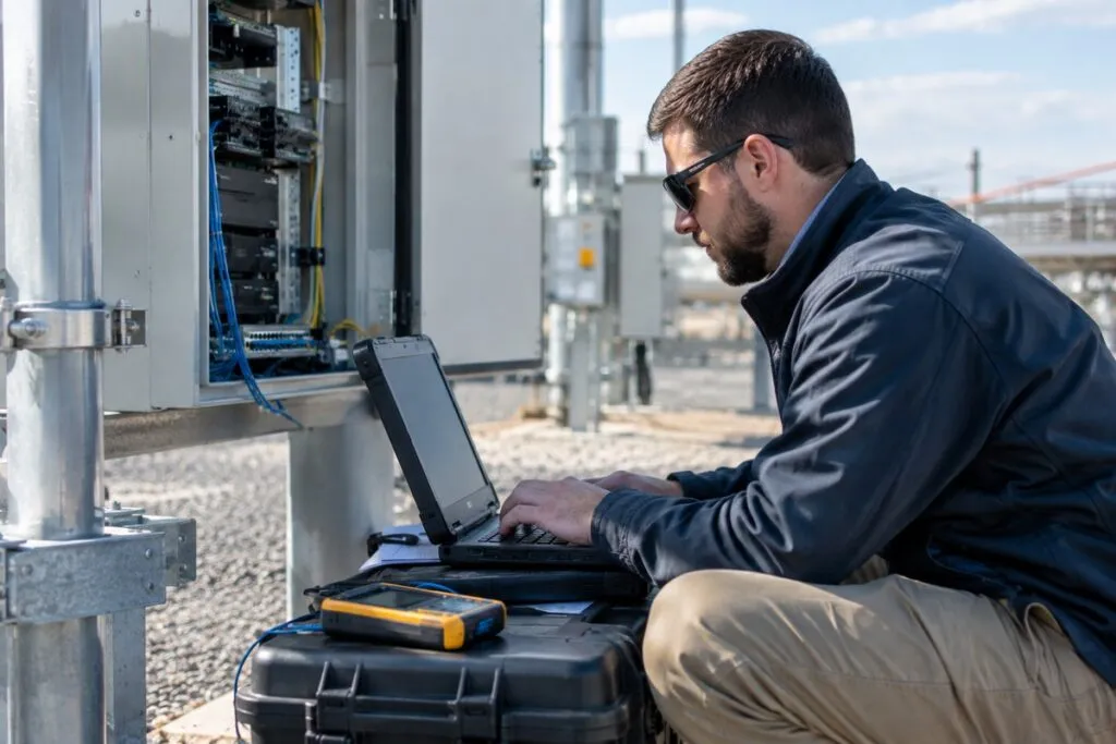 Professional IT field technician providing onsite technology and network support in a manufacturing facility.