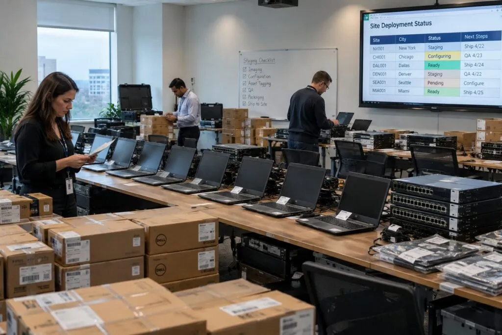 Multi-location device rollout with technicians preparing business laptops and IT equipment for different sites.