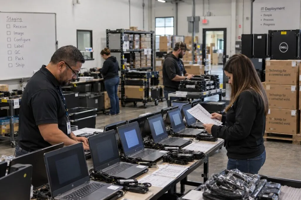 Multi-site device deployment team staging laptops and technology equipment for business locations.