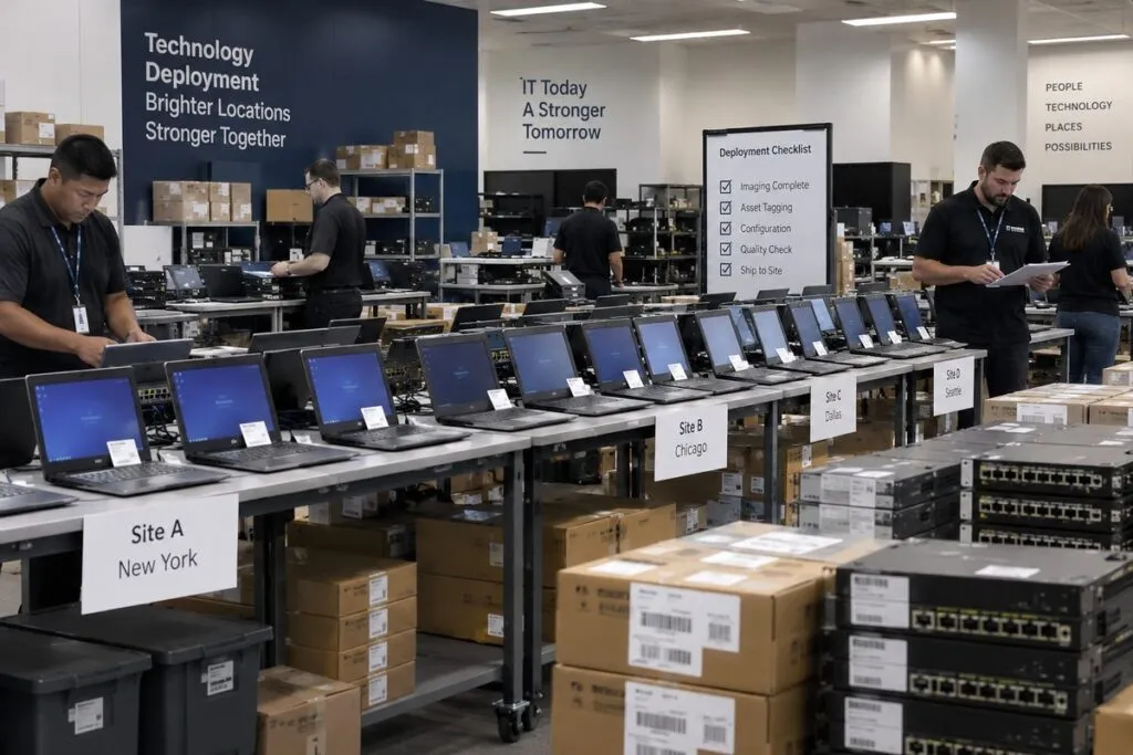 Multi-site IT rollout staging area with laptops and equipment organized for deployment to business locations.