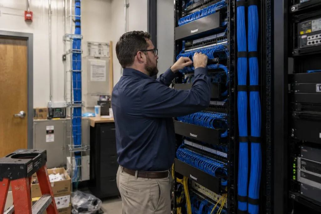 Network technician testing structured cabling with professional diagnostic equipment beside an enterprise network rack.
