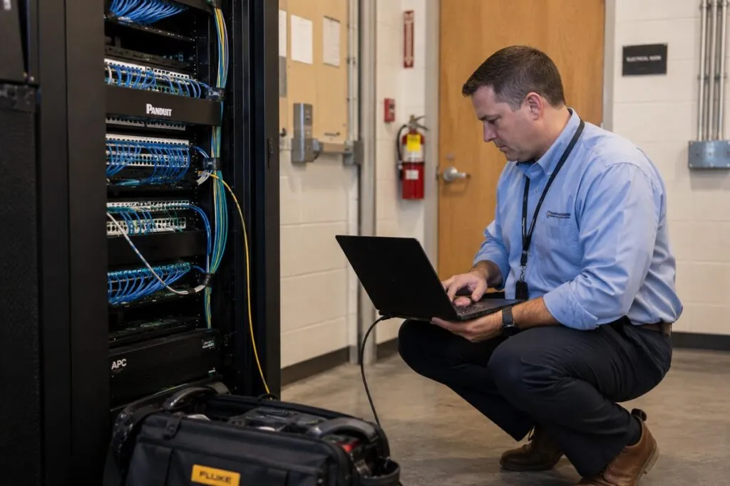 IT field technician inspecting a business network closet with laptop, toolkit, and network testing equipment.