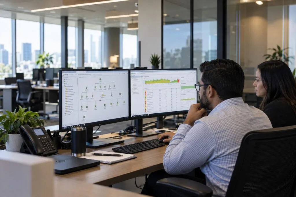Network operations team monitoring device health, uptime, performance trends, and infrastructure alerts across enterprise systems.