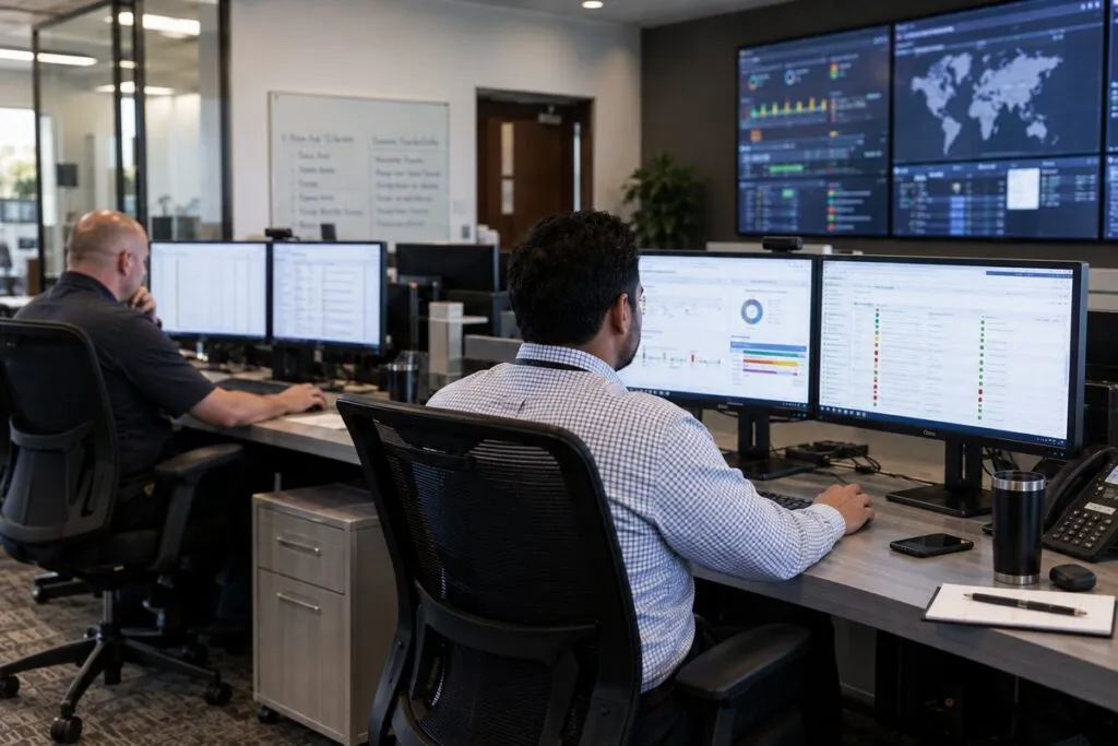 NOC technicians tracking network uptime, device availability, performance metrics, and operational alerts on enterprise monitoring screens.