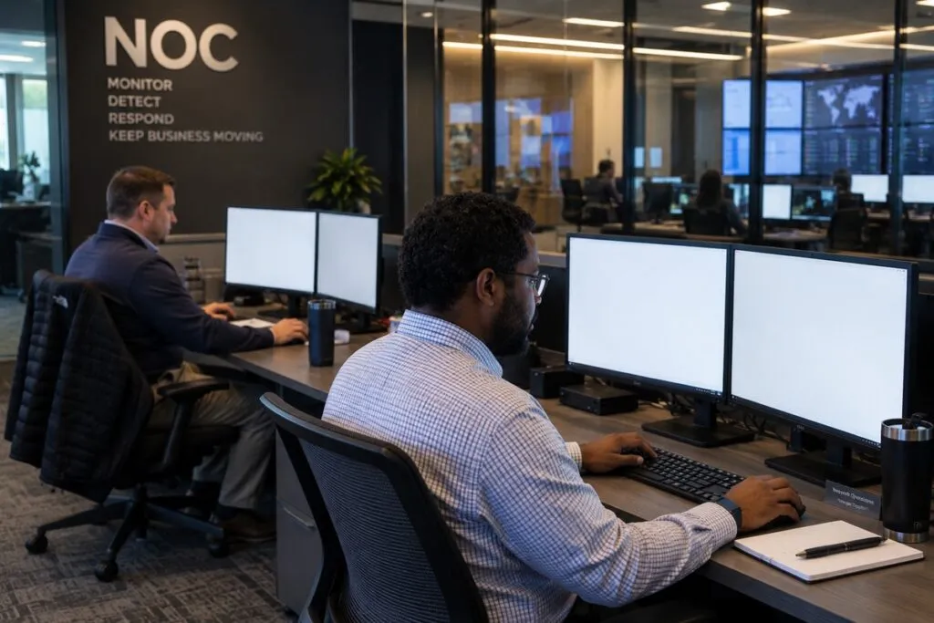 Network Operations Center technician reviewing active infrastructure alerts and device status on professional monitoring dashboards.