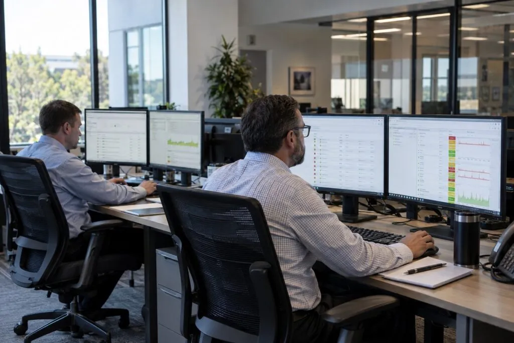 Professional NOC team monitoring enterprise infrastructure health, network devices, servers, availability, and performance metrics.
