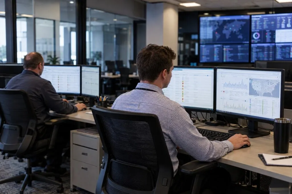 Experienced NOC infrastructure team overseeing enterprise network devices, system health, alerts, and performance from dual monitors.