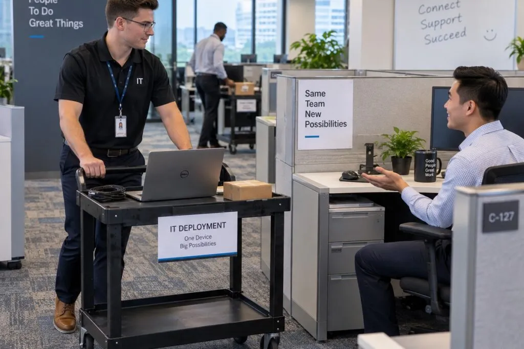IT technician deploying a computer, monitor, keyboard, mouse, and accessories at a new office workstation after relocation.