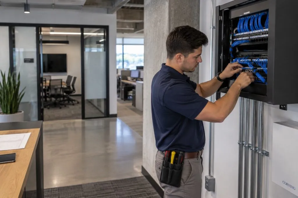Professional technician working with structured network cabling and Cat6 connections in a modern commercial office.