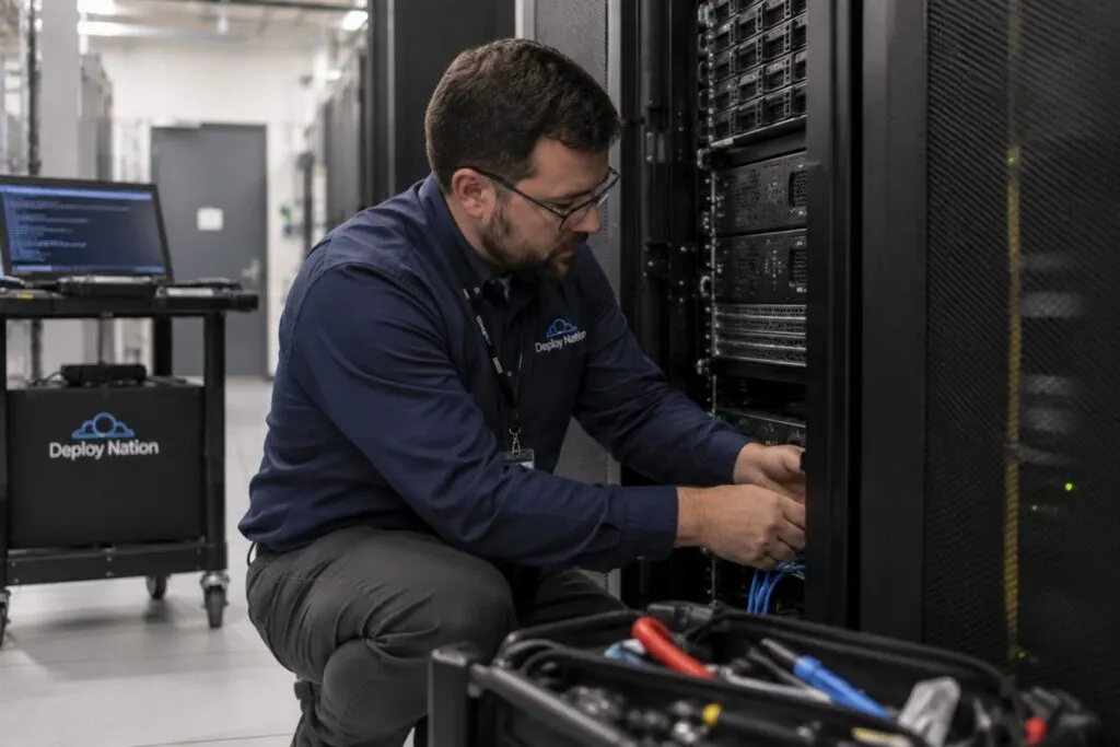 On-site technician servicing server hardware and network connections inside an open rack.
