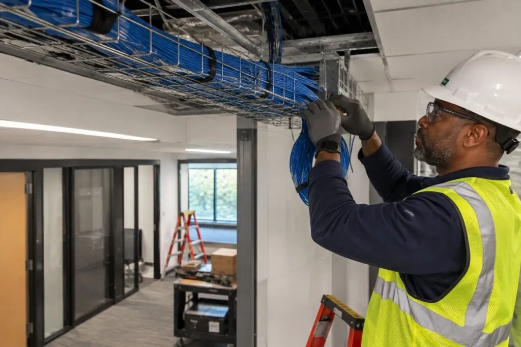 Low-voltage technician routing bundled Cat6 network cables through an overhead cable management tray.