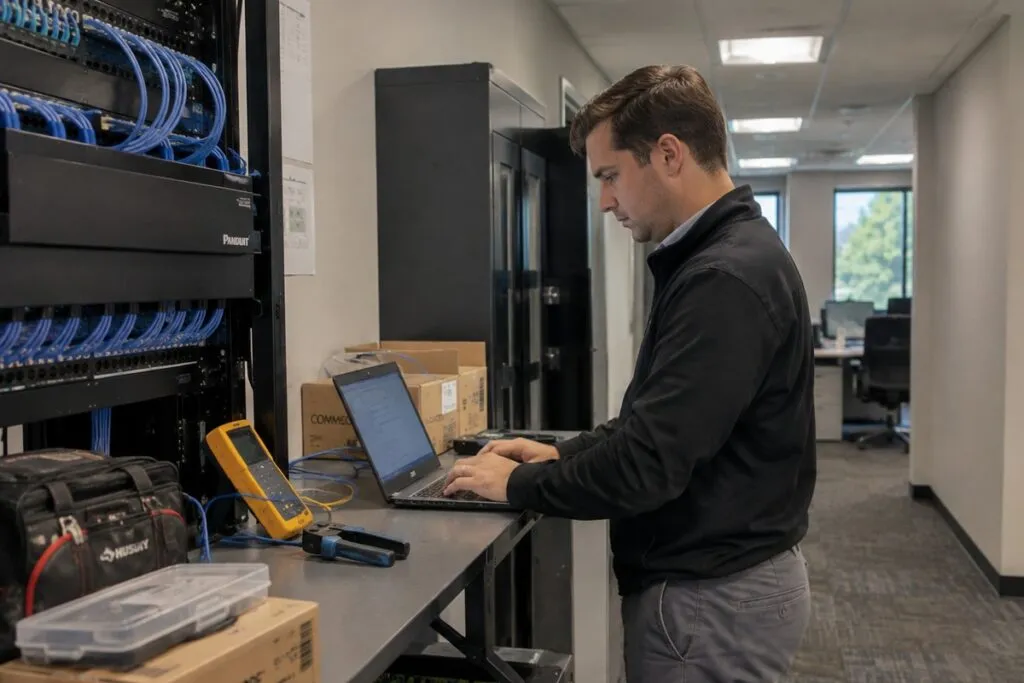 Professional technician organizing Cat6 cabling and patch panel connections inside an enterprise IDF network closet.