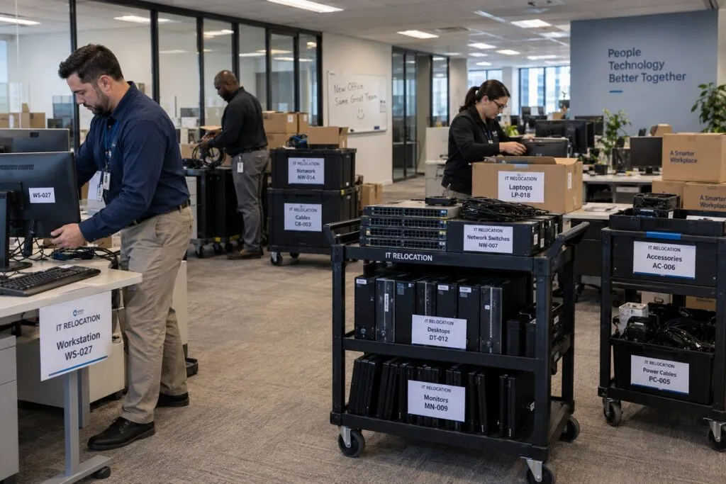 Professional IT relocation services with technicians labeling, transporting, and setting up computer equipment during an office move.