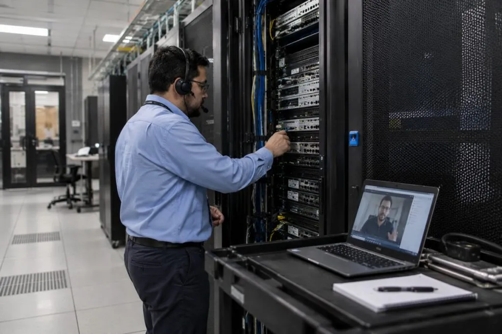 Technician checking server ports and network cables while communicating with remote technical support.