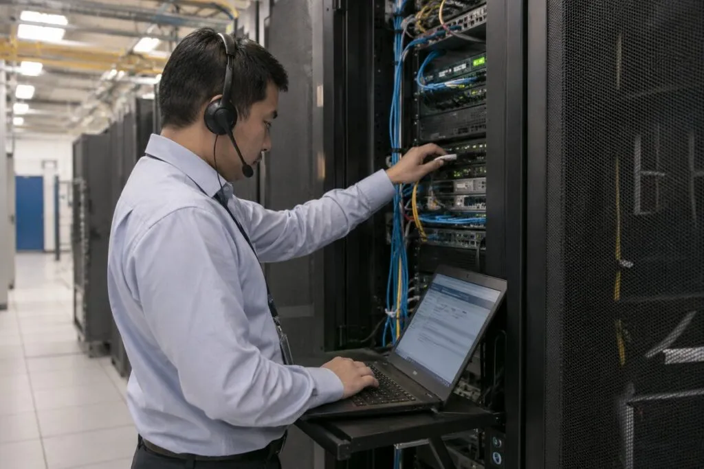 On-site technician checking server rack connections while communicating with a remote engineer through a headset.