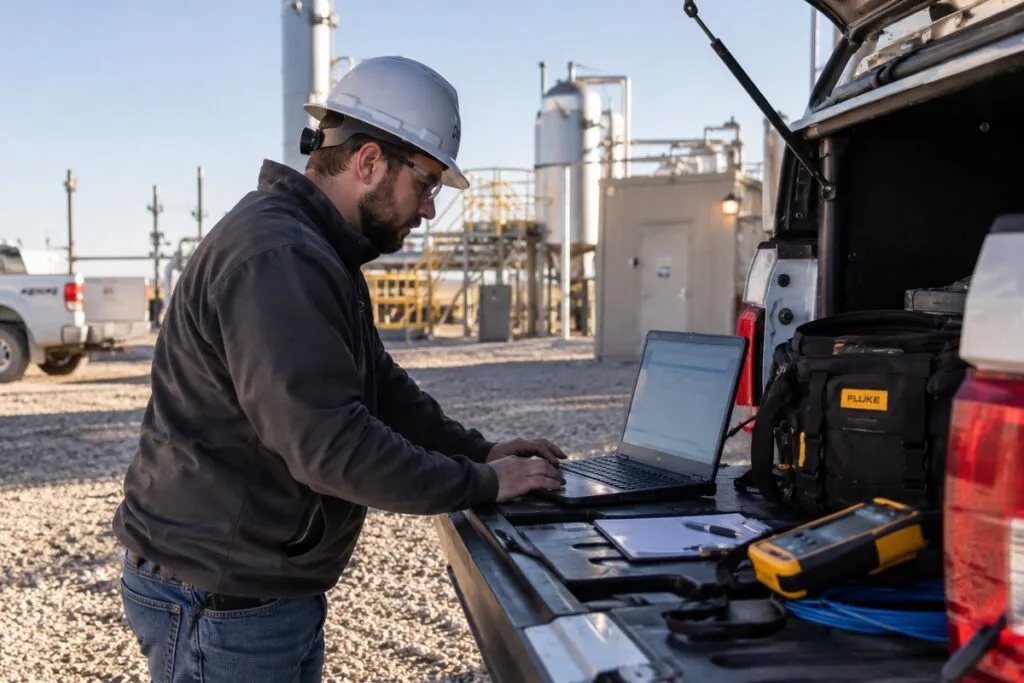 IT field services technician providing network support and infrastructure troubleshooting at a remote business site.