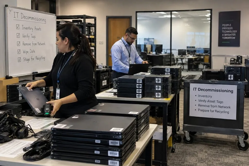 Retired server asset management with technicians tracking and organizing enterprise hardware during IT decommissioning.