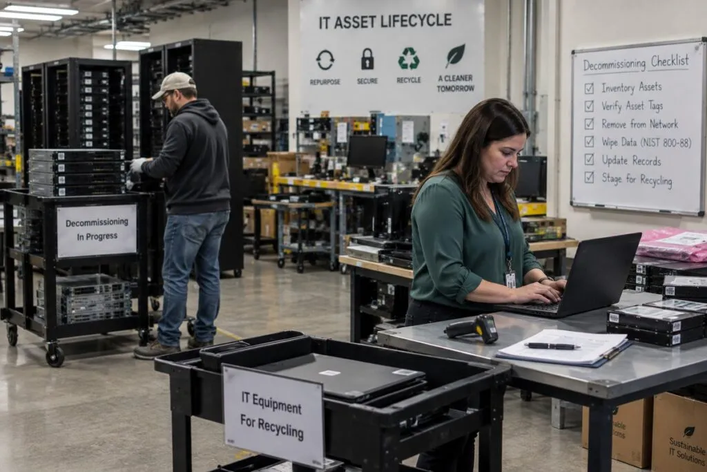 Retired IT assets organized in secure data wipe staging before recycling and final equipment disposition.